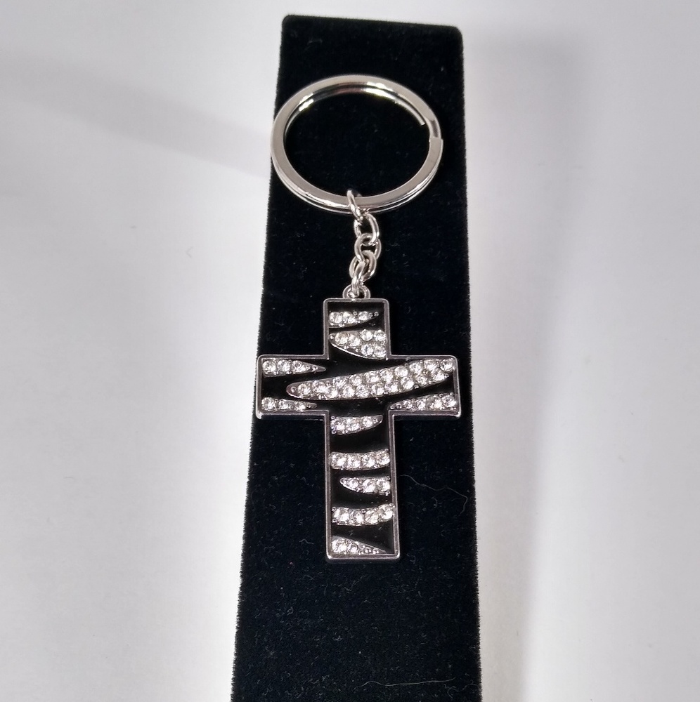 Silver Toned Black Cross Keychain with Rhinestones - Picture 1 of 5